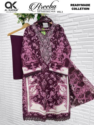 Al Karam Lawn Areeba Vol. 03 Rayon Embroidered Kurta Pant Dupatta Set kurti pant with dupatta Catalogs