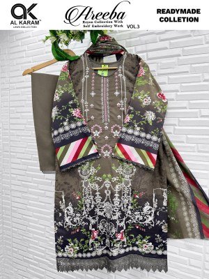 Al Karam Lawn Areeba Vol. 03 Rayon Embroidered Kurta Pant Dupatta Set kurti pant with dupatta Catalogs