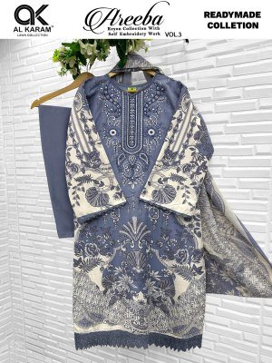 Al Karam Lawn Areeba Vol. 03 Rayon Embroidered Kurta Pant Dupatta Set kurti pant with dupatta Catalogs