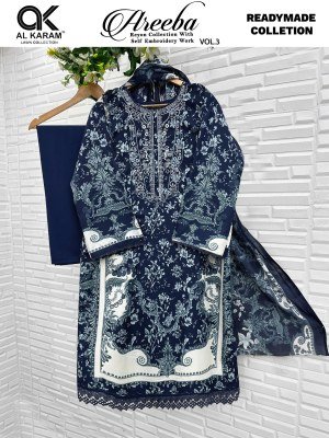 Al Karam Lawn Areeba Vol. 03 Rayon Embroidered Kurta Pant Dupatta Set kurti pant with dupatta Catalogs