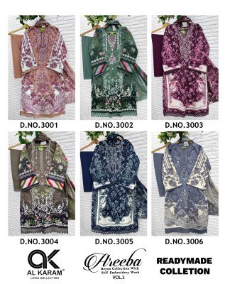 Al Karam Lawn Areeba Vol. 03 Rayon Embroidered Kurta Pant Dupatta Set kurti pant with dupatta Catalogs