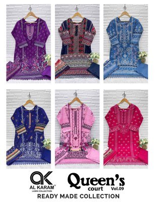 Al Karam Lawn Collection Queen s Court Vol 09 Stitched Cambric Suits with Style Bottom GPO Lace And Mal Mal Dupatta Wholesale  kurtis catalogs