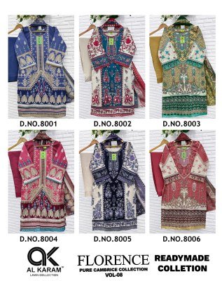 Al Karam Lawn Florence Vol. 08 Pure Cambric Kurta Pant Dupatta Set kurti pant with dupatta Catalogs