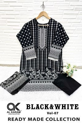 Al Karam Vol 7 Premium Lawn Stitched Kurti Black & White Print, GPO Lace, Pant Style, Mal Mal Cotton Dupatta Wholesale kurtis catalogs