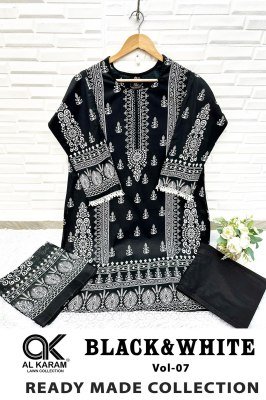 Al Karam Vol 7 Premium Lawn Stitched Kurti Black & White Print, GPO Lace, Pant Style, Mal Mal Cotton Dupatta Wholesale kurtis catalogs