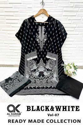 Al Karam Vol 7 Premium Lawn Stitched Kurti Black & White Print, GPO Lace, Pant Style, Mal Mal Cotton Dupatta Wholesale kurtis catalogs