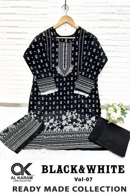 Al Karam Vol 7 Premium Lawn Stitched Kurti Black & White Print, GPO Lace, Pant Style, Mal Mal Cotton Dupatta Wholesale kurtis catalogs