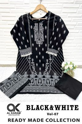 Al Karam Vol 7 Premium Lawn Stitched Kurti Black & White Print, GPO Lace, Pant Style, Mal Mal Cotton Dupatta Wholesale kurtis catalogs