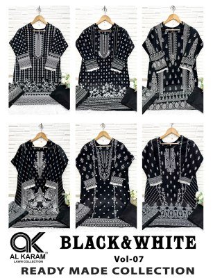 Al Karam Vol 7 Premium Lawn Stitched Kurti Black & White Print, GPO Lace, Pant Style, Mal Mal Cotton Dupatta Wholesale kurtis catalogs