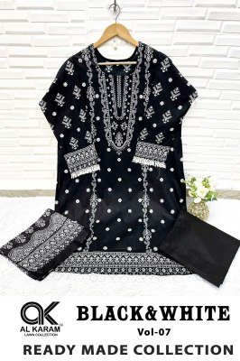 Al Karam Vol 7 Premium Lawn Stitched Kurti Black & White Print, GPO Lace, Pant Style, Mal Mal Cotton Dupatta Wholesale kurtis catalogs