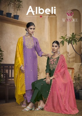 Albeli by Woodee Premium designer Neck Embroidered kurti pant and dupatta catalogue Amavi