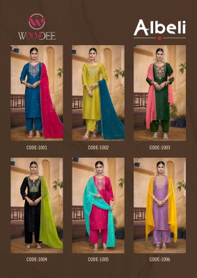 Albeli by Woodee Premium designer Neck Embroidered kurti pant and dupatta catalogue readymade suit catalogs
