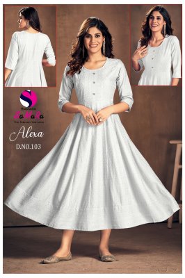 Alexa by SaMaRa fancy reyon shiffli work flared kurti catalogue at affordable rate kurtis catalogs
