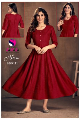 Alexa by SaMaRa fancy reyon shiffli work flared kurti catalogue at affordable rate kurtis catalogs