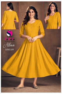 Alexa by SaMaRa fancy reyon shiffli work flared kurti catalogue at affordable rate kurtis catalogs