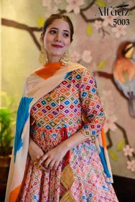 Alfaaz vol 5 by Designer anarkali type bandhej and traditional flaired suit with dupatta catalog at wholesale rate Amavi