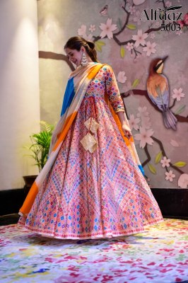 Alfaaz vol 5 by Designer anarkali type bandhej and traditional flaired suit with dupatta catalog at wholesale rate gown catalogs