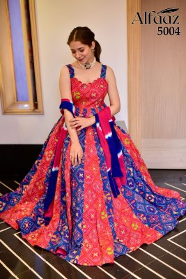 Alfaaz vol 5 by Designer anarkali type bandhej and traditional flaired suit with dupatta catalog at wholesale rate gown catalogs
