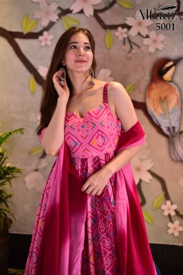 Alfaaz vol 5 by Designer anarkali type bandhej and traditional flaired suit with dupatta catalog at wholesale rate gown catalogs