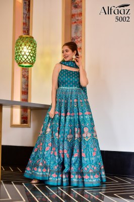 Alfaaz vol 5 by Designer anarkali type bandhej and traditional flaired suit with dupatta catalog at wholesale rate gown catalogs