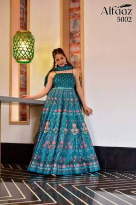 Alfaaz vol 5 by Designer anarkali type bandhej and traditional flaired suit with dupatta catalog at wholesale rate gown catalogs