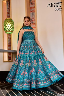Alfaaz vol 5 by Designer anarkali type bandhej and traditional flaired suit with dupatta catalog at wholesale rate gown catalogs