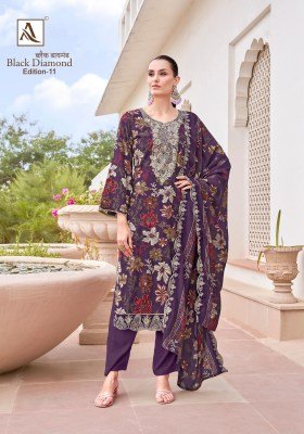 Alok Balck Daimond 11 Unstitched Suit Embroidered Reyon Top  Solid Bottom And Viscose Cotton Dupatta Wholesale dress material catalogs