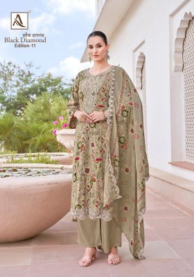 Alok Balck Daimond 11 Unstitched Suit Embroidered Reyon Top  Solid Bottom And Viscose Cotton Dupatta Wholesale dress material catalogs