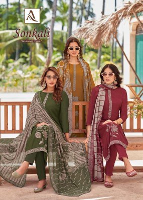 Alok Sonkali Unstitched Suit Premium Viscose Maslin Embroidery with Rayon Bottom And Fancy Digital Print Dupatta Wholesale dress material catalogs