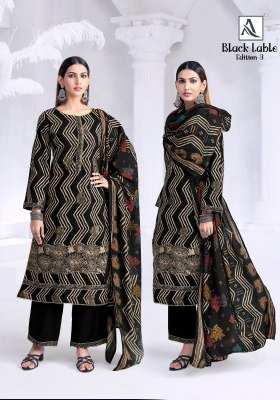 Alok Suit Black lable 3 Unstitched Designer Rayon Salwar Kameez Set Top with Foil Print & Fancy Embroidery, Solid Bottom, Cotton Silk Printed Dupatta  dress material catalogs
