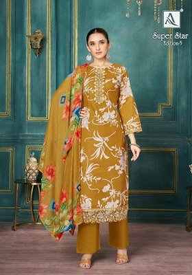 Alok Suit Super Star 5 Collection Elegant Embroidered Cambric Suit Unstitched Print Dupatta Wholesale kurtis catalogs