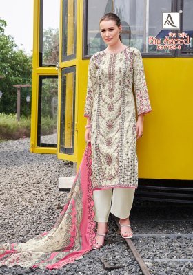 Alok Suits Bin Saeed-8 Pure Cambric Cotton Embroidered Suit Unstitched with Cotton Bottom And  Dupatta Wholesale  dress material catalogs
