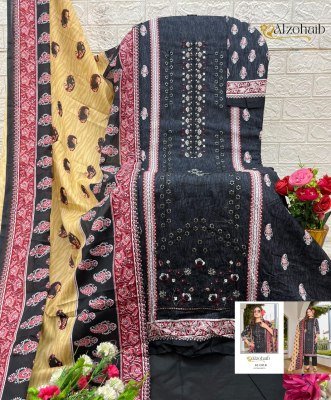 Alzohaib Lamhay Vol.1 Unstitched Suit Cotton Print Top with Intricate Self Work, Semi Lawn Bottom, Chiffon Cotton Dupatta Wholesale pakistani suit catalogs
