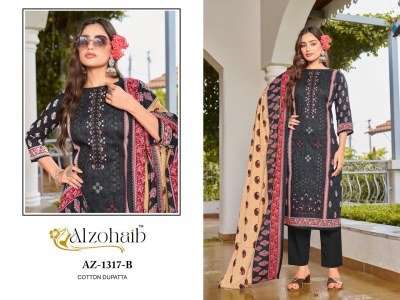 Alzohaib Lamhay Vol.1 Unstitched Suit Cotton Print Top with Intricate Self Work, Semi Lawn Bottom, Chiffon Cotton Dupatta Wholesale pakistani suit catalogs