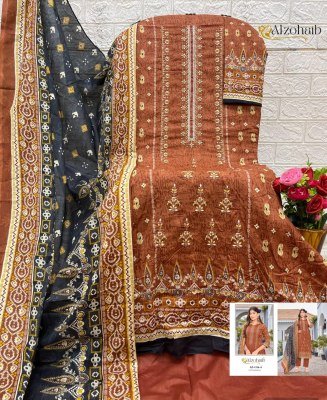 Alzohaib Lamhay Vol.1 Unstitched Suit Cotton Print Top with Intricate Self Work, Semi Lawn Bottom, Chiffon Cotton Dupatta Wholesale pakistani suit catalogs