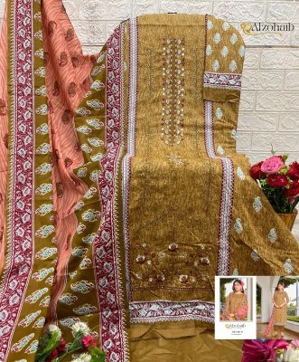 Alzohaib Lamhay Vol.1 Unstitched Suit Cotton Print Top with Intricate Self Work, Semi Lawn Bottom, Chiffon Cotton Dupatta Wholesale pakistani suit catalogs