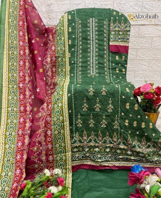 Alzohaib Lamhay Vol.1 Unstitched Suit Cotton Print Top with Intricate Self Work, Semi Lawn Bottom, Chiffon Cotton Dupatta Wholesale pakistani suit catalogs