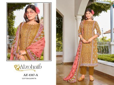 Alzohaib Lamhay Vol.1 Unstitched Suit Cotton Print Top with Intricate Self Work, Semi Lawn Bottom, Chiffon Cotton Dupatta Wholesale pakistani suit catalogs