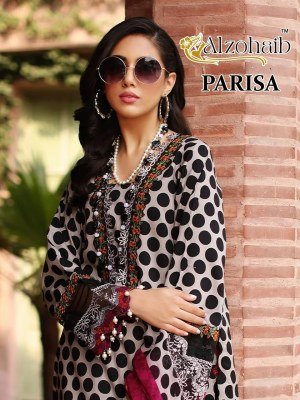 Alzohaib Parisa AZ-1290-1293 Pure Cotton Printed Suit with Heavy Embroidery, Semi Lawn Bottom And Cotton Chiffon Dupatta Wholesale dress material catalogs