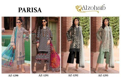 Alzohaib Parisa AZ-1290-1293 Pure Cotton Printed Suit with Heavy Embroidery, Semi Lawn Bottom And Cotton Chiffon Dupatta Wholesale dress material catalogs