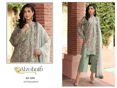 Alzohaib Parisa AZ-1290-1293 Pure Cotton Printed Suit with Heavy Embroidery, Semi Lawn Bottom And Cotton Chiffon Dupatta Wholesale dress material catalogs