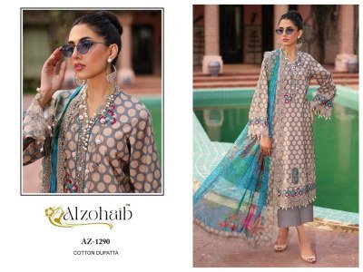 Alzohaib Parisa AZ-1290-1293 Pure Cotton Printed Suit with Heavy Embroidery, Semi Lawn Bottom And Cotton Chiffon Dupatta Wholesale dress material catalogs