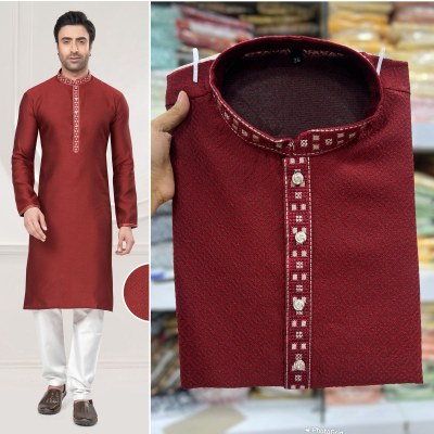 Amavi Present kurta with pajama Red colour Heavy Silk Jequard With heavy Embroidery Work Mens