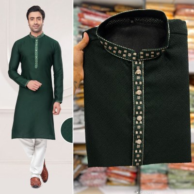 Amavi Present kurta with pajama Green colour Heavy Silk Jequard With heavy Embroidery Work Mens