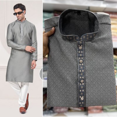 Amavi Present kurta with pajama silver colour Heavy Silk Jequard With heavy Embroidery Work Mens