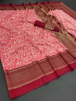 Amavi present soft cotton silk kalamkari foil print saree with blouse catalogue sarees catalogs