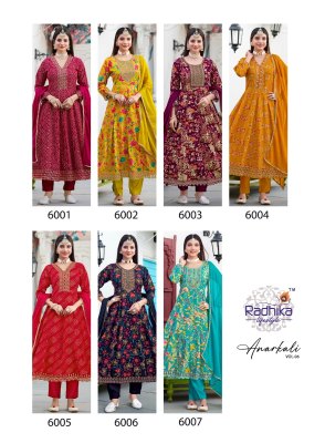 Anarkali vol 6 by Radhika Lifestyle Heavy Reyon foil printed top bottom and dupatta catalogue at affordable rate readymade suit catalogs