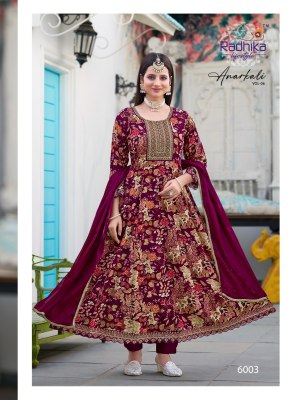Anarkali vol 6 by Radhika Lifestyle Heavy Reyon foil printed top bottom and dupatta catalogue at affordable rate readymade suit catalogs