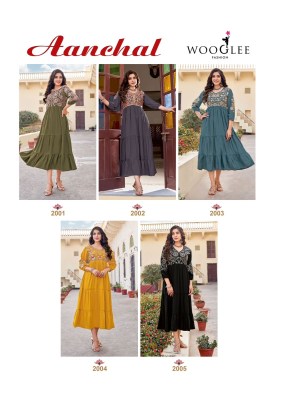 Anchal by wooglee heavy reyon thread work fancy kurti collection at low rate kurtis catalogs
