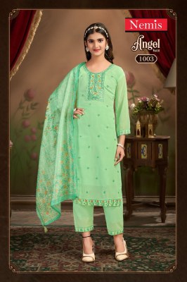 Angel by Nemis Embroidered rich combination kurti pant with dupatta catalogue in low rate readymade suit catalogs